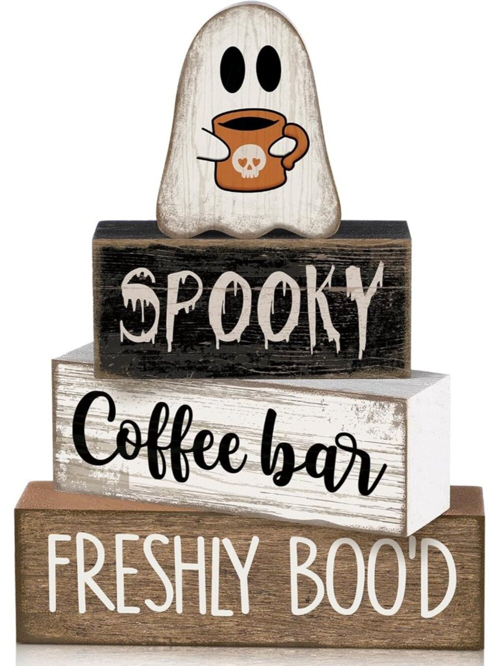 4 Pcs Halloween Coffee Bar Decor Wooden Ghost Block Signs Farmhouse Tiered Tray